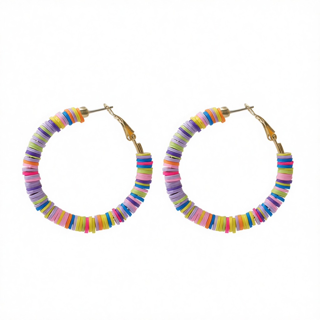 Pink Multicolor Polymer Clay & 18K Gold-Plated Beaded Hoop Earrings