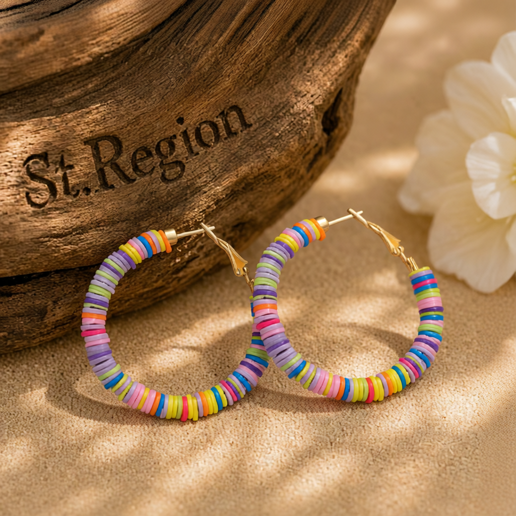 Pink Multicolor Polymer Clay & 18K Gold-Plated Beaded Hoop Earrings