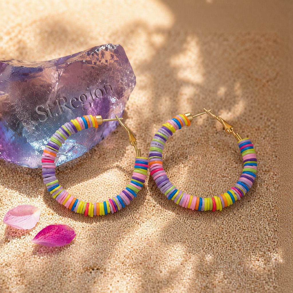Pink Multicolor Polymer Clay & 18K Gold-Plated Beaded Hoop Earrings