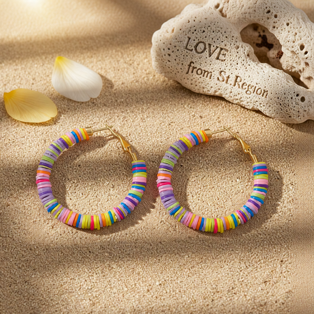 Pink Multicolor Polymer Clay & 18K Gold-Plated Beaded Hoop Earrings