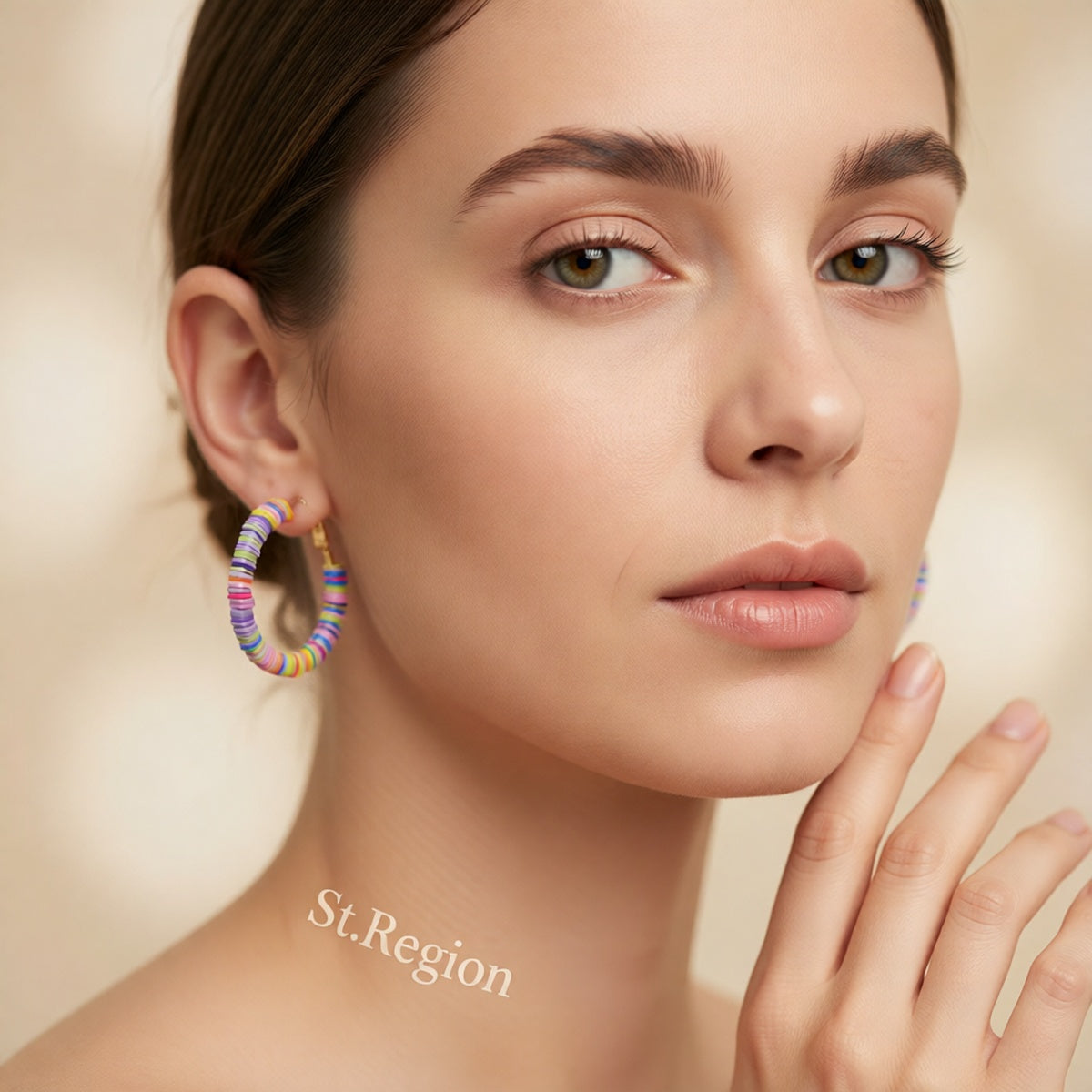 Pink Multicolor Polymer Clay & 18K Gold-Plated Beaded Hoop Earrings