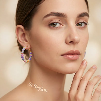 Pink Multicolor Polymer Clay & 18K Gold-Plated Beaded Hoop Earrings
