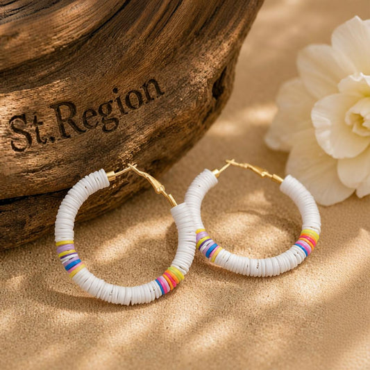 White Polymer Clay and 18K Gold-Plated Beaded Hoop Earrings, gold hoop earrings for women, front view
