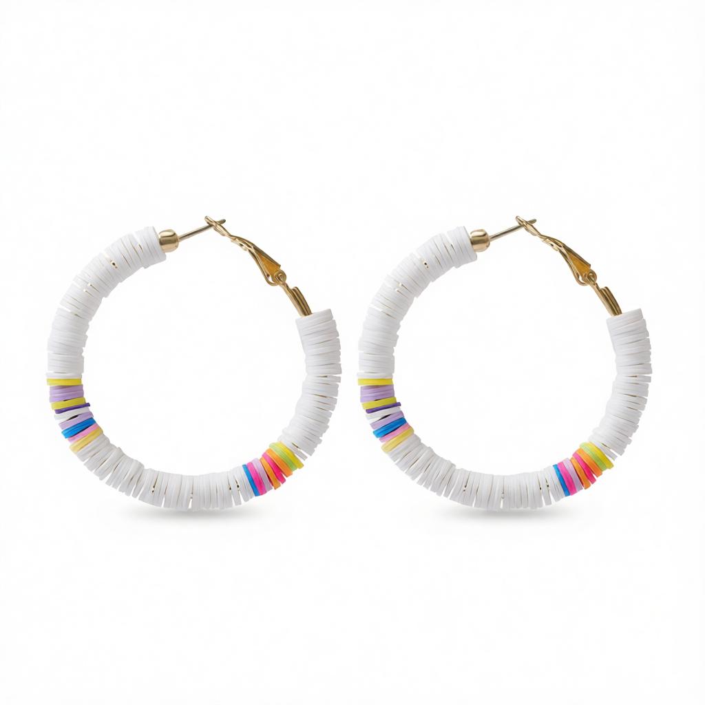 White Polymer Clay and 18K Gold-Plated Beaded Hoop Earrings, gold hoop earrings for women, side view