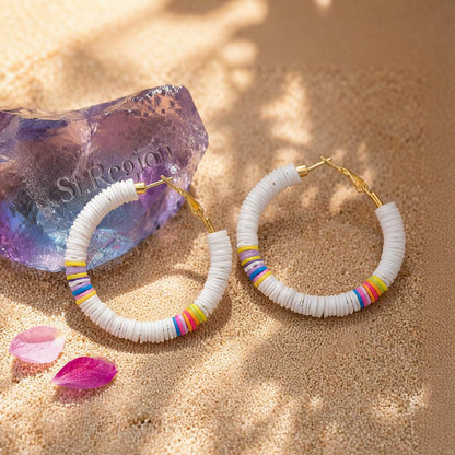 White Polymer Clay and 18K Gold-Plated Beaded Hoop Earrings, gold hoop earrings for women, detail close-up