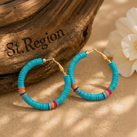 Blue Polymer Clay and 18K Gold-Plated Beaded Hoop Earrings, gold hoop earrings for women, botanical inspired, front view