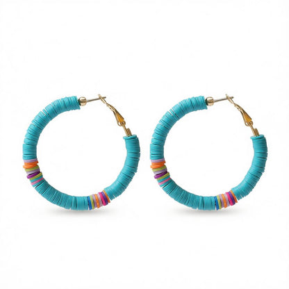 Blue Polymer Clay and 18K Gold-Plated Beaded Hoop Earrings, gold hoop earrings for women, botanical inspired, side view