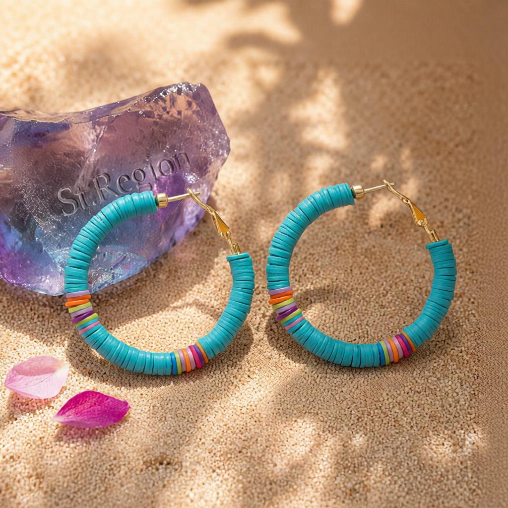 Blue Polymer Clay and 18K Gold-Plated Beaded Hoop Earrings, gold hoop earrings for women, botanical inspired, detail close-up
