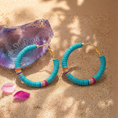 Blue Polymer Clay and 18K Gold-Plated Beaded Hoop Earrings, gold hoop earrings for women, botanical inspired, detail close-up