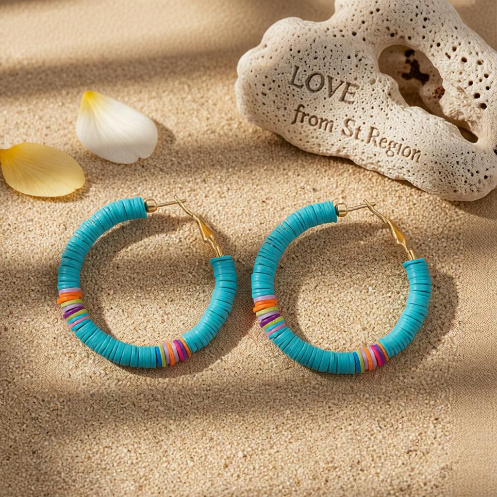 Blue Polymer Clay and 18K Gold-Plated Beaded Hoop Earrings, gold hoop earrings for women, botanical inspired, lifestyle look