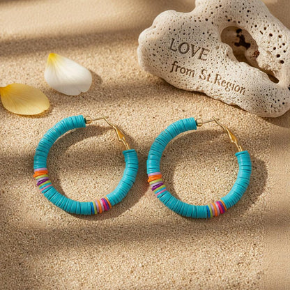 Blue Polymer Clay and 18K Gold-Plated Beaded Hoop Earrings, gold hoop earrings for women, botanical inspired, lifestyle look