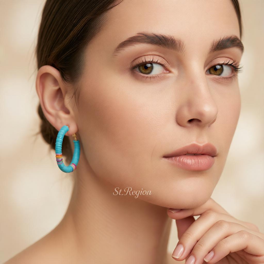 Blue Polymer Clay and 18K Gold-Plated Beaded Hoop Earrings, gold hoop earrings for women, botanical inspired, styled look