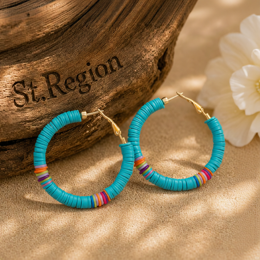 Blue Polymer Clay & 18K Gold-Plated Beaded Hoop Earrings