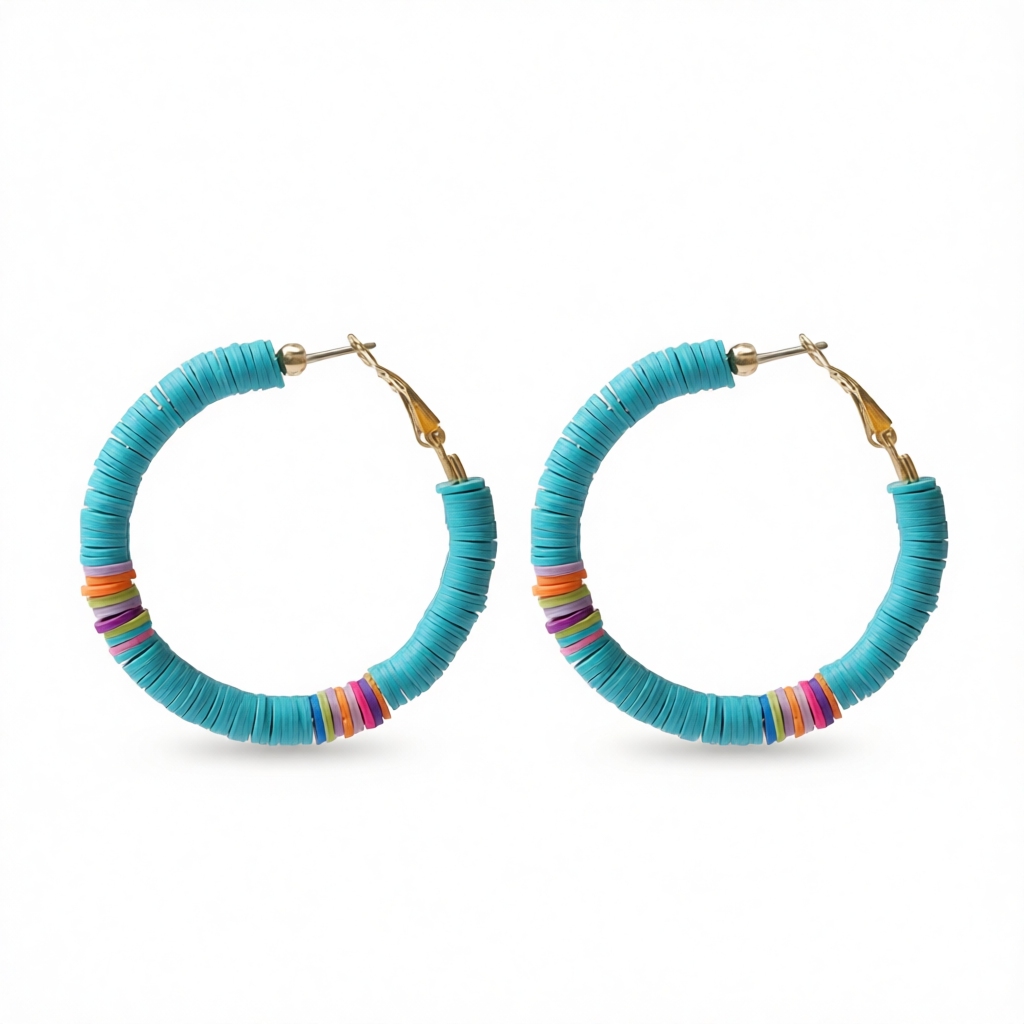 Blue Polymer Clay & 18K Gold-Plated Beaded Hoop Earrings