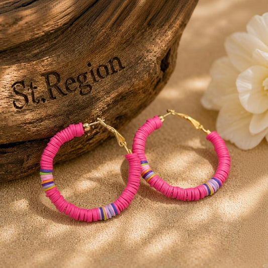 Rose Polymer Clay and 18K Gold-Plated Beaded Hoop Earrings, gold hoop earrings for women, botanical inspired, front view