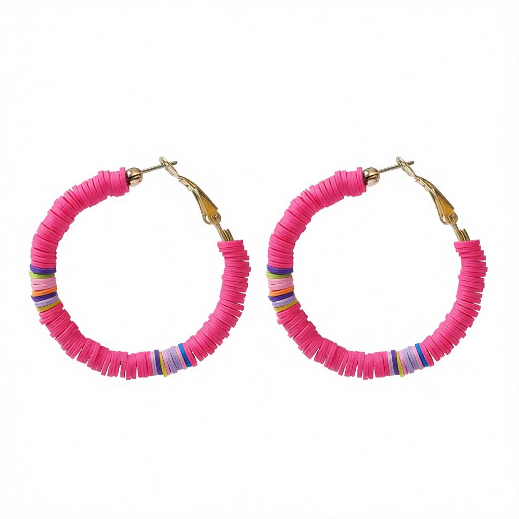 Rose Polymer Clay and 18K Gold-Plated Beaded Hoop Earrings, gold hoop earrings for women, botanical inspired, side view