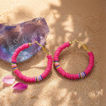 Rose Polymer Clay and 18K Gold-Plated Beaded Hoop Earrings, gold hoop earrings for women, botanical inspired, detail close-up