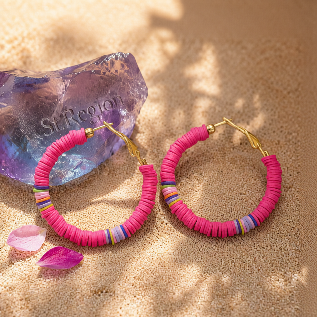Rose Polymer Clay & 18K Gold-Plated Beaded Hoop Earrings