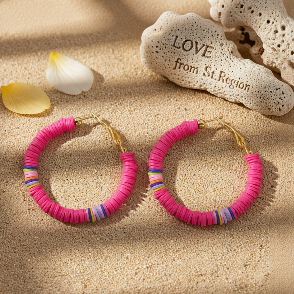 Rose Polymer Clay & 18K Gold-Plated Beaded Hoop Earrings