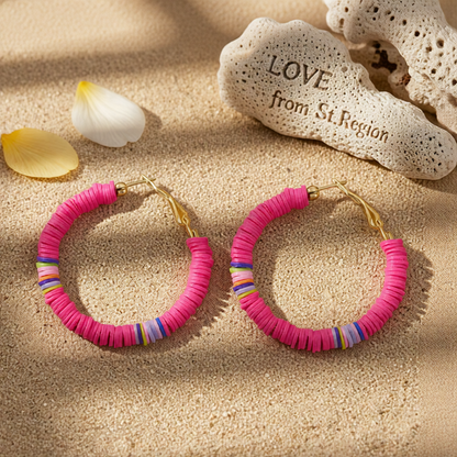 Rose Polymer Clay & 18K Gold-Plated Beaded Hoop Earrings