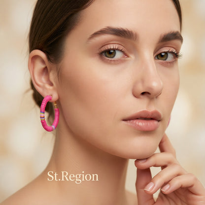 Rose Polymer Clay & 18K Gold-Plated Beaded Hoop Earrings