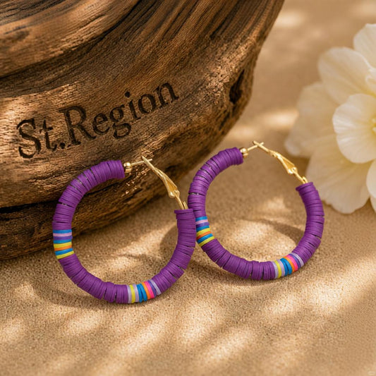 Purple Polymer Clay and 18K Gold-Plated Beaded Hoop Earrings, gold hoop earrings for women, everyday style, front view
