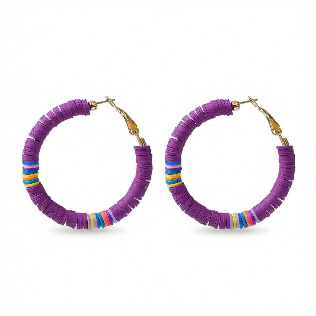 Purple Polymer Clay and 18K Gold-Plated Beaded Hoop Earrings, gold hoop earrings for women, everyday style, side view