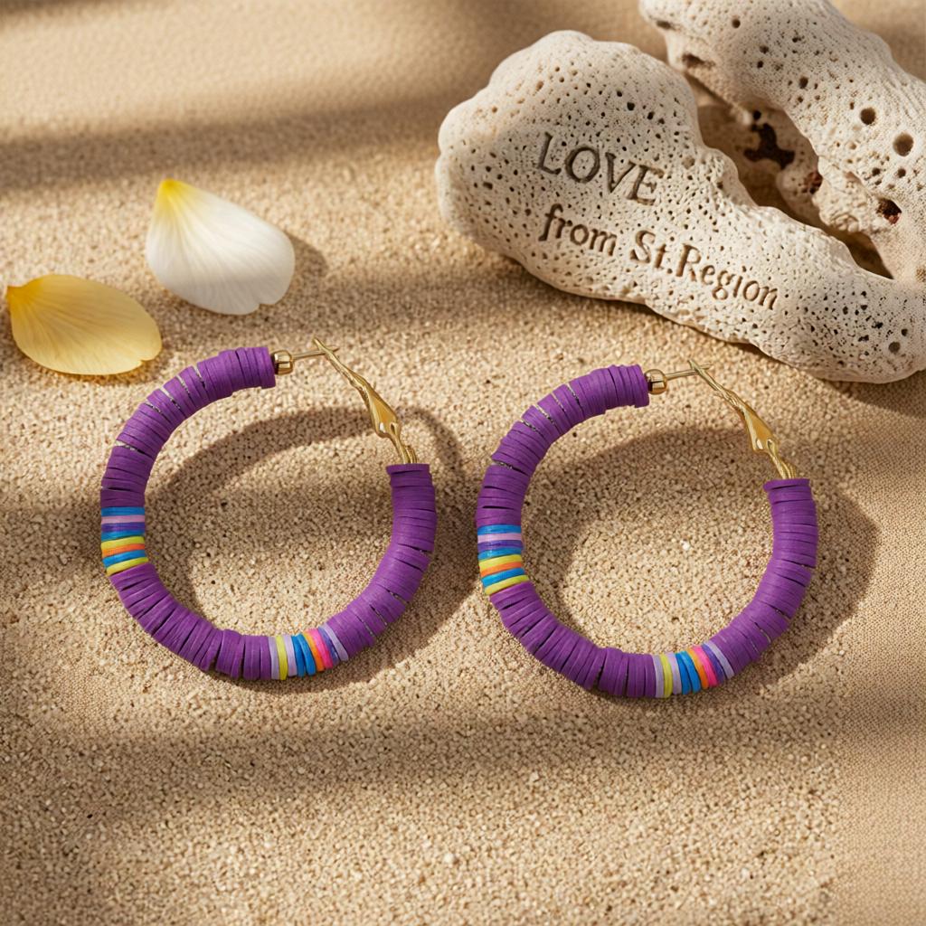Purple Polymer Clay and 18K Gold-Plated Beaded Hoop Earrings, gold hoop earrings for women, everyday style, lifestyle look