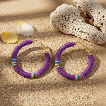 Purple Polymer Clay and 18K Gold-Plated Beaded Hoop Earrings, gold hoop earrings for women, everyday style, lifestyle look