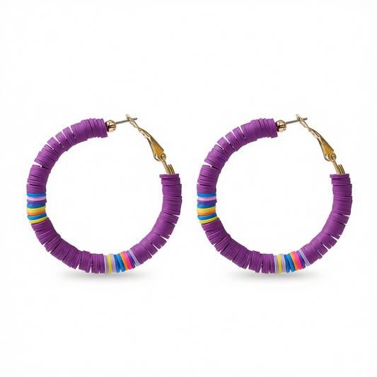 Purple Polymer Clay & 18K Gold-Plated Beaded Hoop Earrings