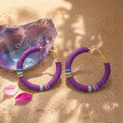 Purple Polymer Clay & 18K Gold-Plated Beaded Hoop Earrings