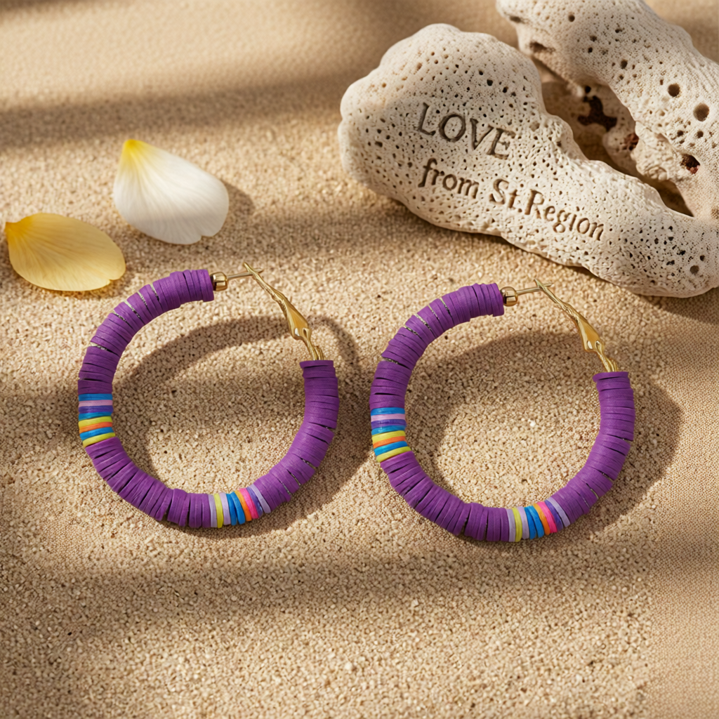 Purple Polymer Clay & 18K Gold-Plated Beaded Hoop Earrings