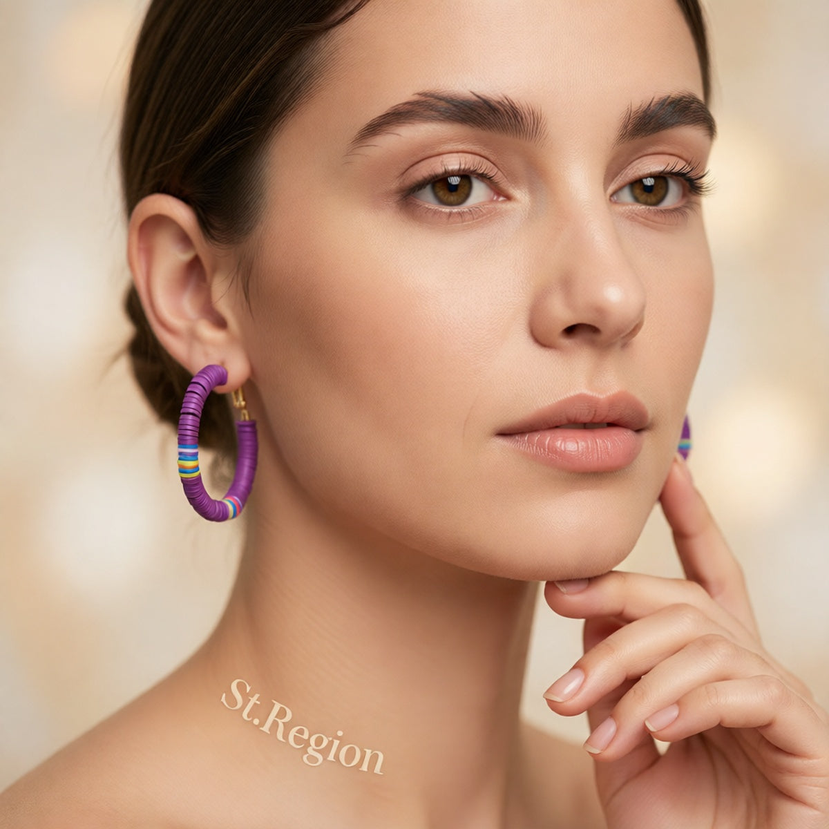 Purple Polymer Clay & 18K Gold-Plated Beaded Hoop Earrings
