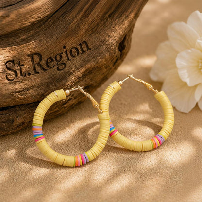 Yellow Polymer Clay and 18K Gold-Plated Beaded Hoop Earrings, gold hoop earrings for women, front view