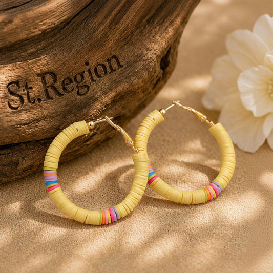 Yellow Polymer Clay and 18K Gold-Plated Beaded Hoop Earrings, gold hoop earrings for women, front view