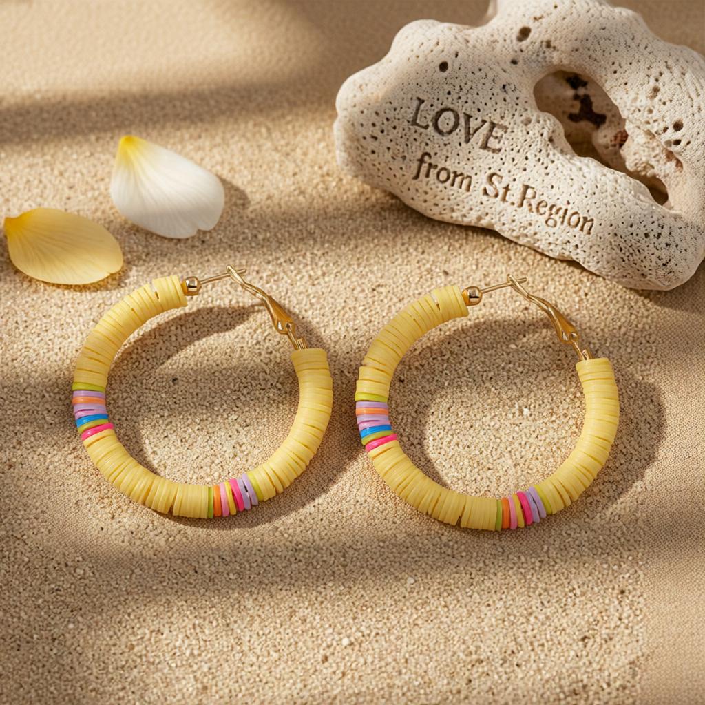 Yellow Polymer Clay and 18K Gold-Plated Beaded Hoop Earrings, gold hoop earrings for women, lifestyle look