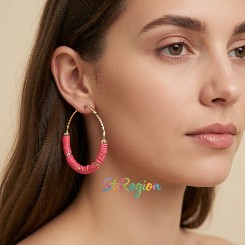Watermelon Red Polymer Clay & 18K Gold-Plated Beaded Hoop Earrings
