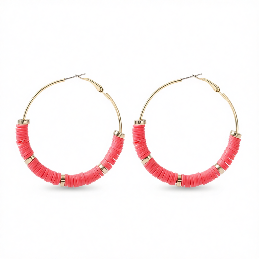 Watermelon Red Polymer Clay & 18K Gold-Plated Beaded Hoop Earrings