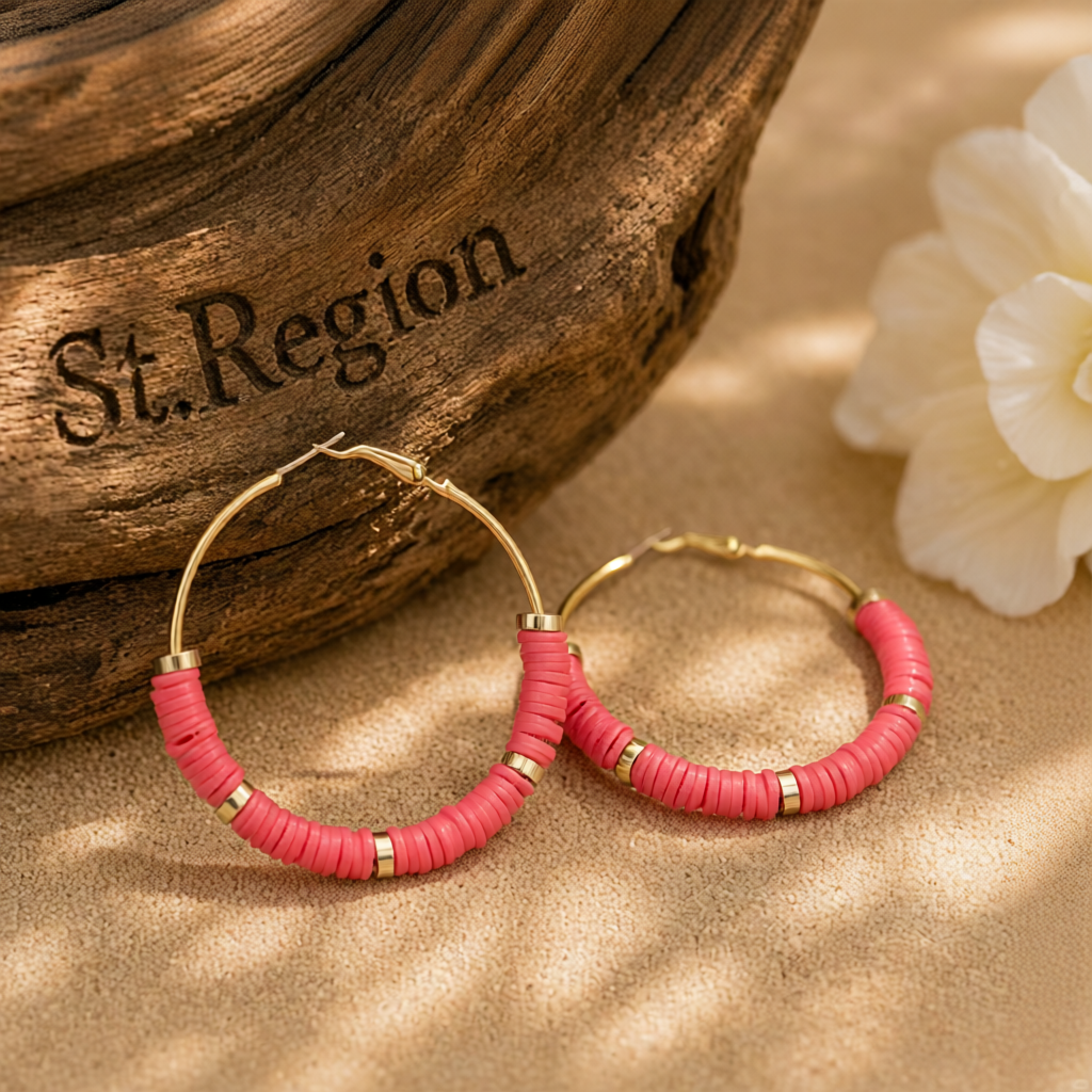 Watermelon Red Polymer Clay & 18K Gold-Plated Beaded Hoop Earrings