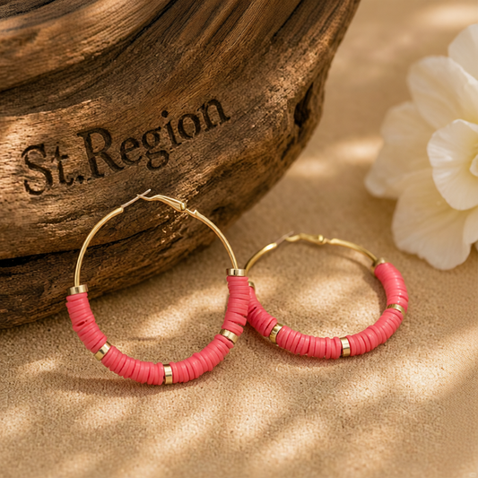 Watermelon Red Polymer Clay & 18K Gold-Plated Beaded Hoop Earrings