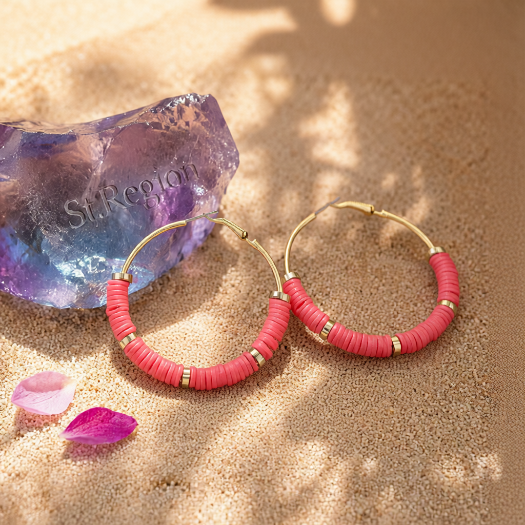 Watermelon Red Polymer Clay & 18K Gold-Plated Beaded Hoop Earrings