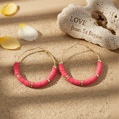Watermelon Red Polymer Clay & 18K Gold-Plated Beaded Hoop Earrings