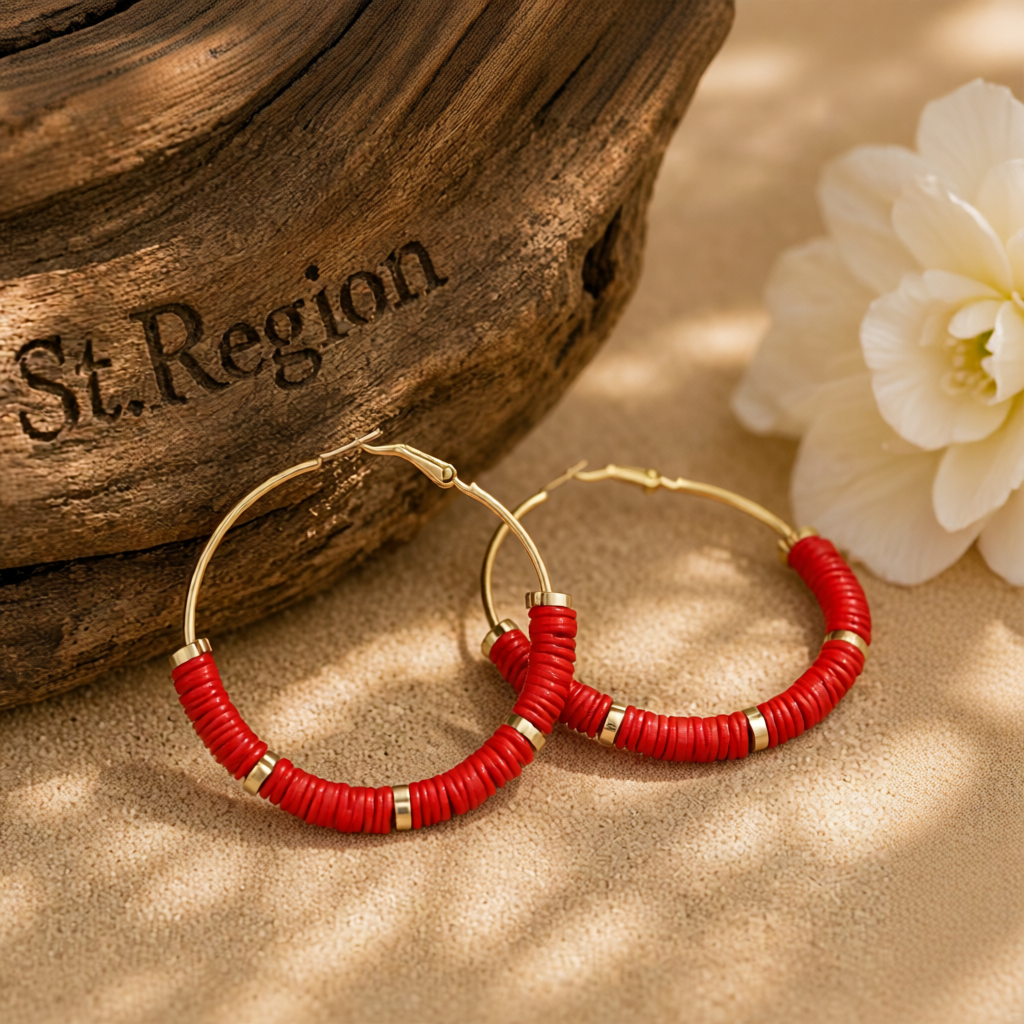 Red Polymer Clay & 18K Gold-Plated Beaded Hoop Earrings