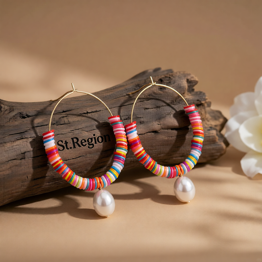 Red Multicolor Polymer Clay & Pearl Beaded Hoop Earrings