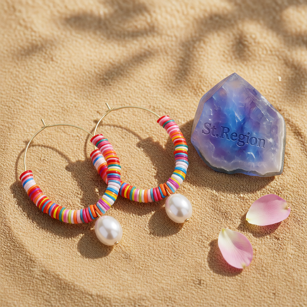 Red Multicolor Polymer Clay & Pearl Beaded Hoop Earrings