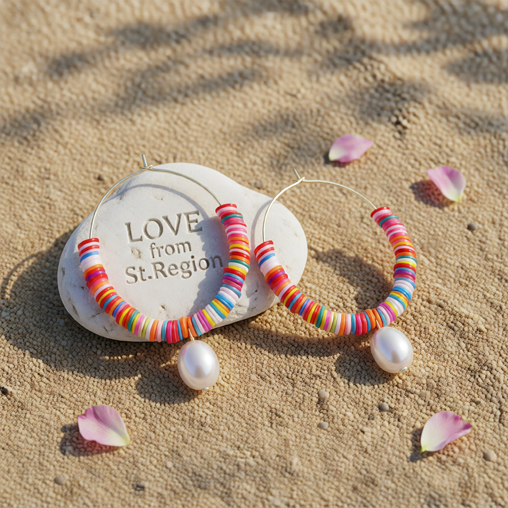 Red Multicolor Polymer Clay & Pearl Beaded Hoop Earrings