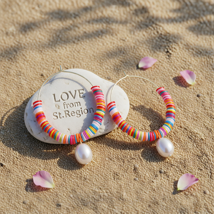 Red Multicolor Polymer Clay & Pearl Beaded Hoop Earrings