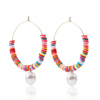 Red Multicolor Polymer Clay & Pearl Beaded Hoop Earrings