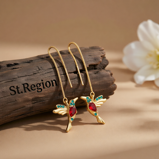 Red Crystal & Cubic Zirconia Bird Threader Earrings