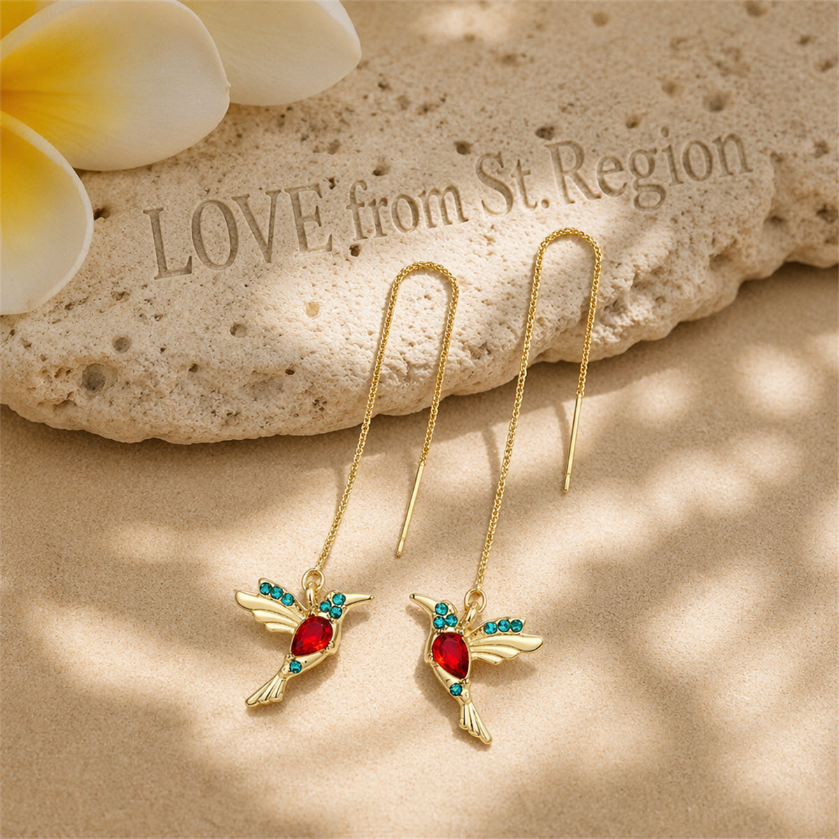 Red Crystal & Cubic Zirconia Bird Threader Earrings